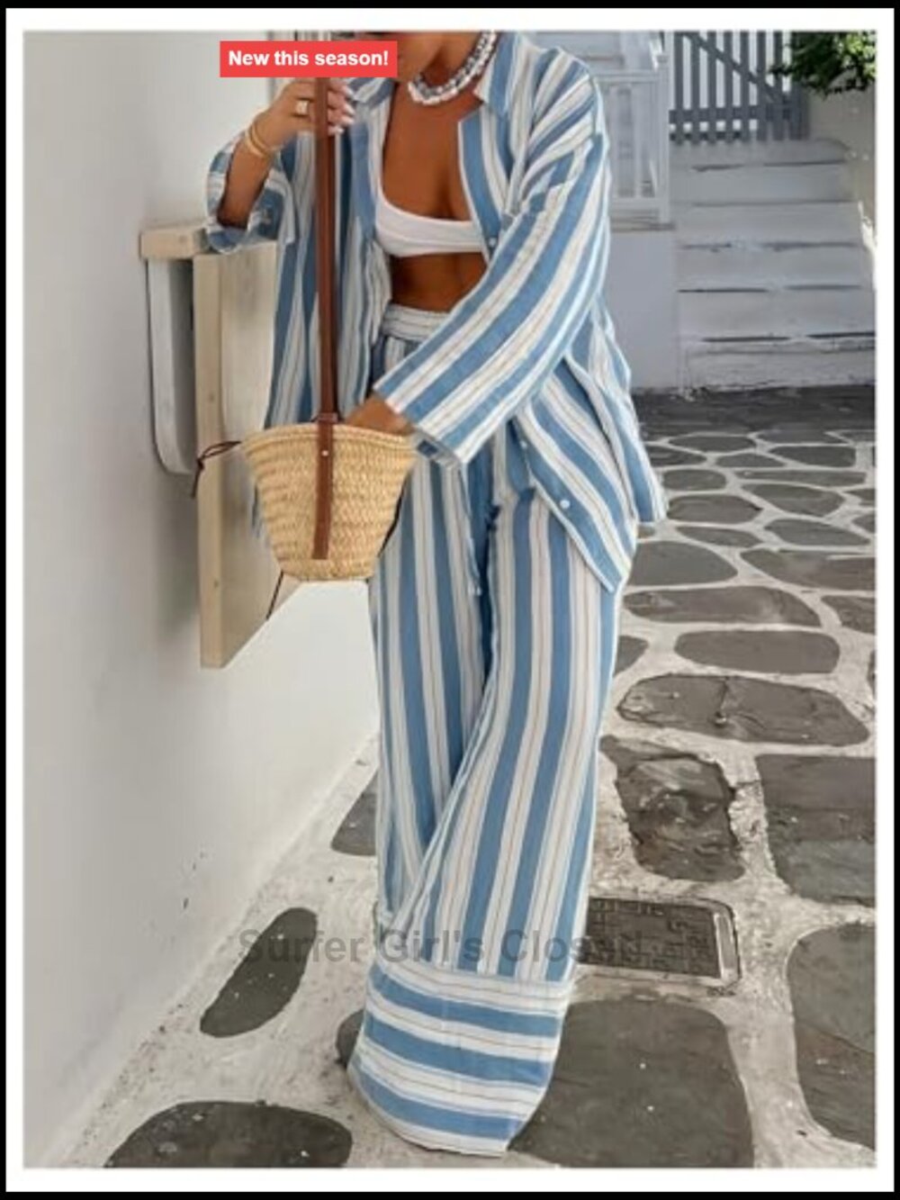 Striped Two Piece Pant Set Long Sleeve Button Down Blouse and Drawstring Waist - Picture 2 of 6